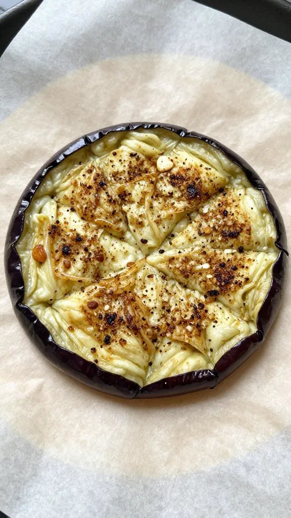 Single keto-seasoned eggplant round on parchment paper