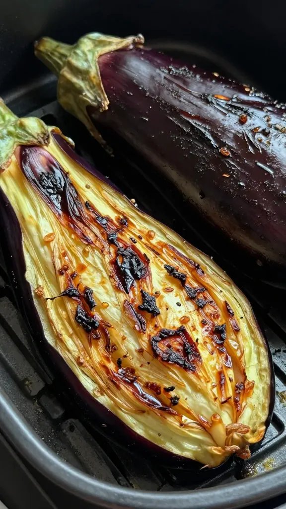 Closeup of blistered eggplant skin after air frying