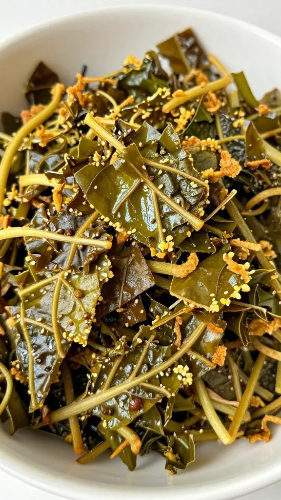 closeup bowl of crispy air-fried collard greens