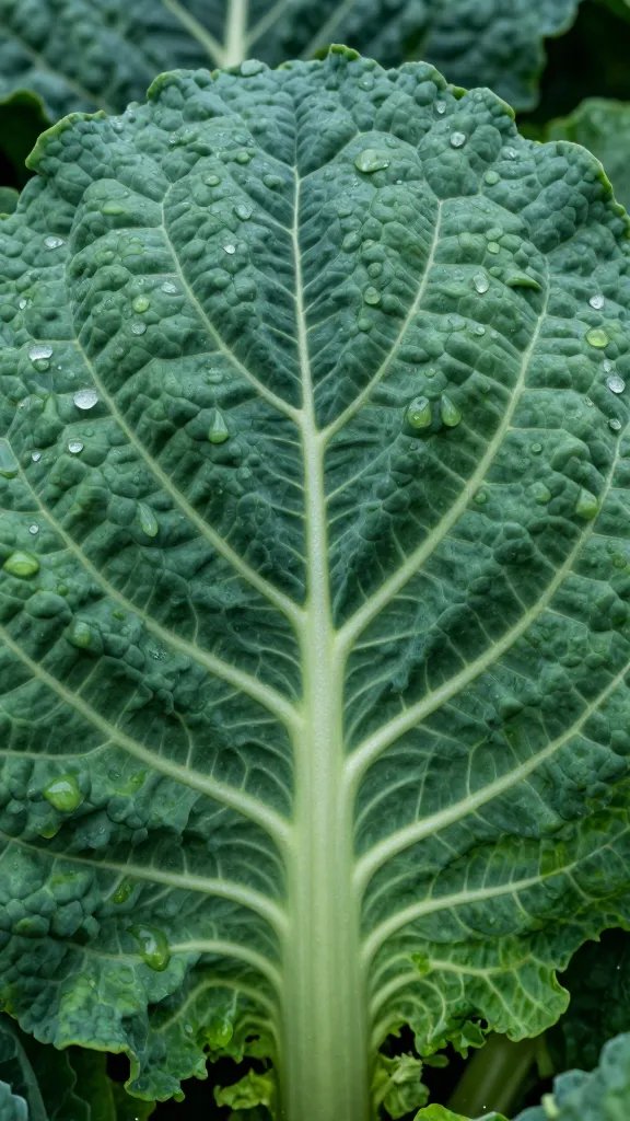 single collard leaf, dark-green, dewy surface closeup