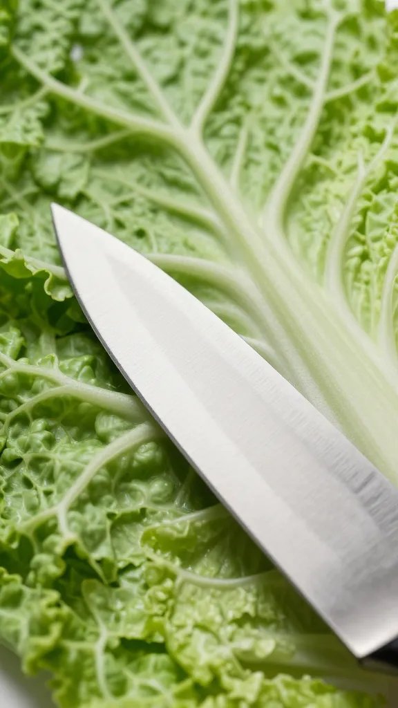 1/2-inch collard ribbons, sharp chef’s knife closeup