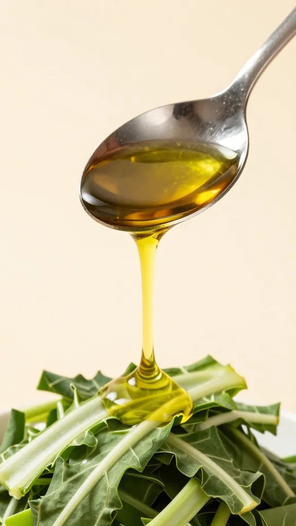 chili-garlic oil spoon hovering over collard ribbons