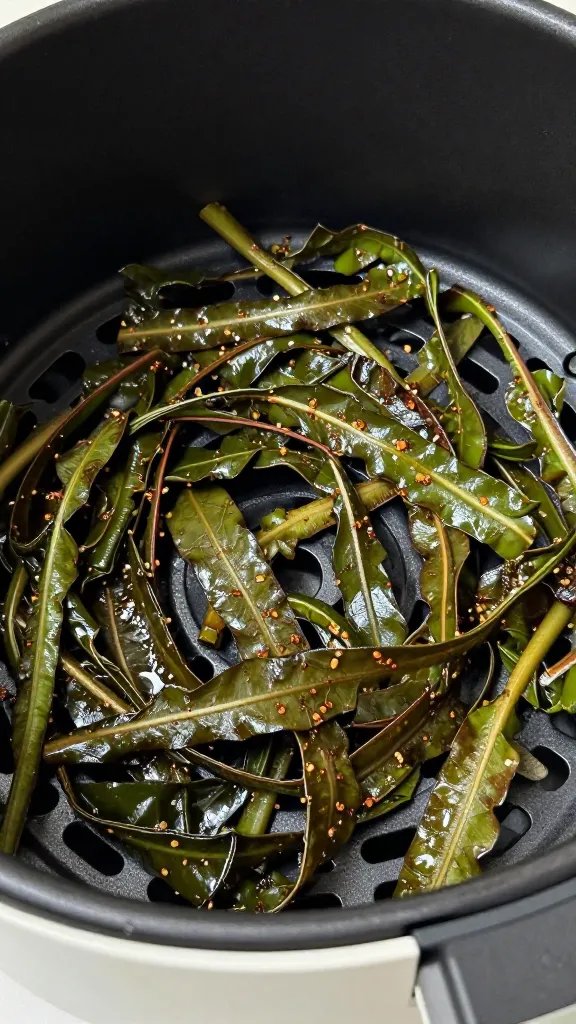 air fryer basket with seasoned collard ribbons closeup