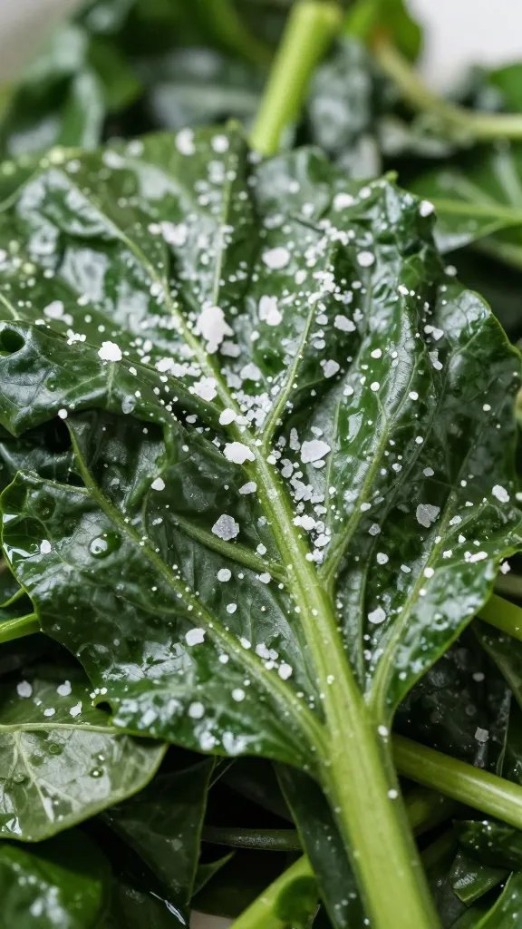 sprinkled flaky salt on cooked collards, macro shot