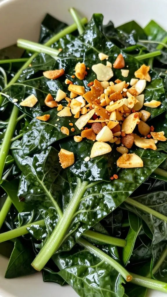 browned garlic chips atop collard greens, closeup