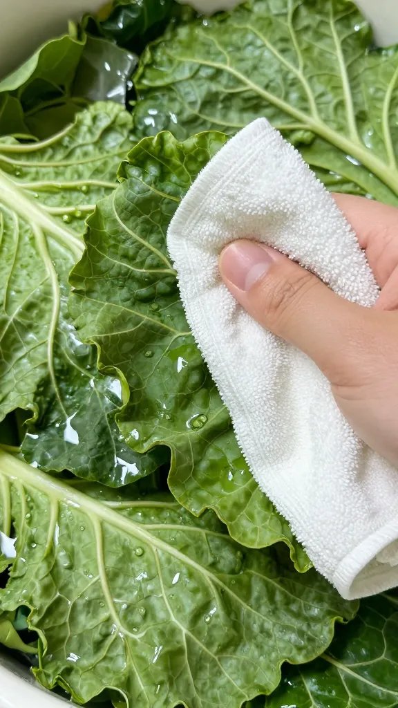 dry towel patting washed collard leaves, macro texture