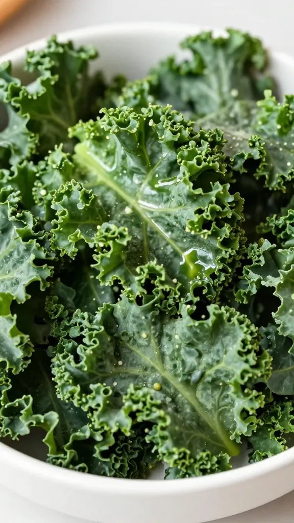 closeup bowl of curly kale chips, garlic butter sheen