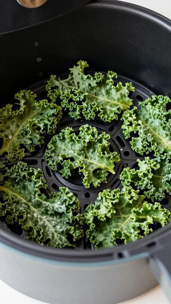 air fryer basket with one layer of kale chips