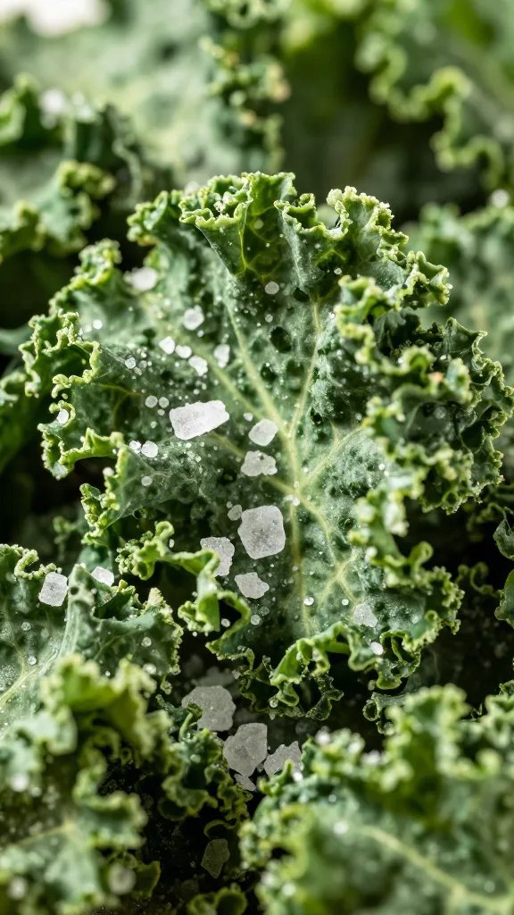 coarse salt crystals on crispy kale chip closeup