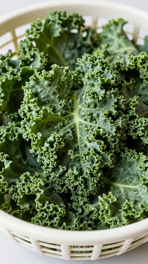 salad spinner basket with dry curly kale closeup