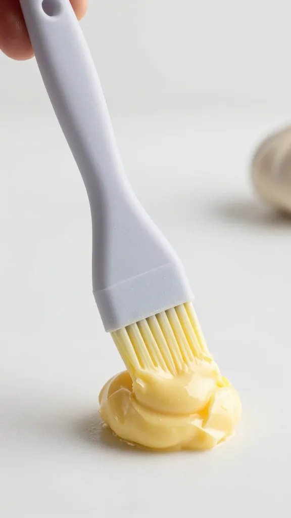 silicone basting brush dipped in garlic butter