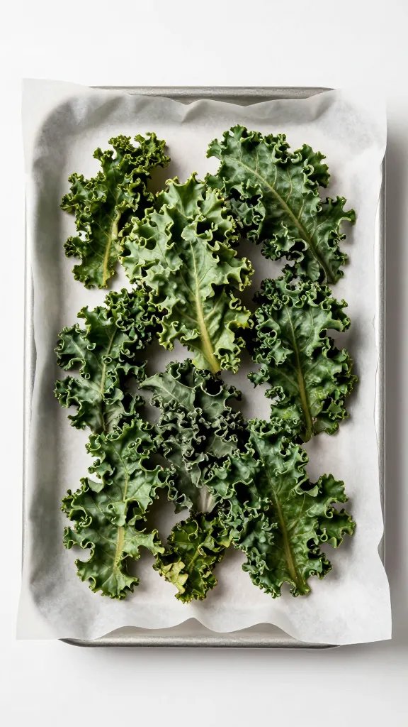 parchment-lined tray with single portion kale chips