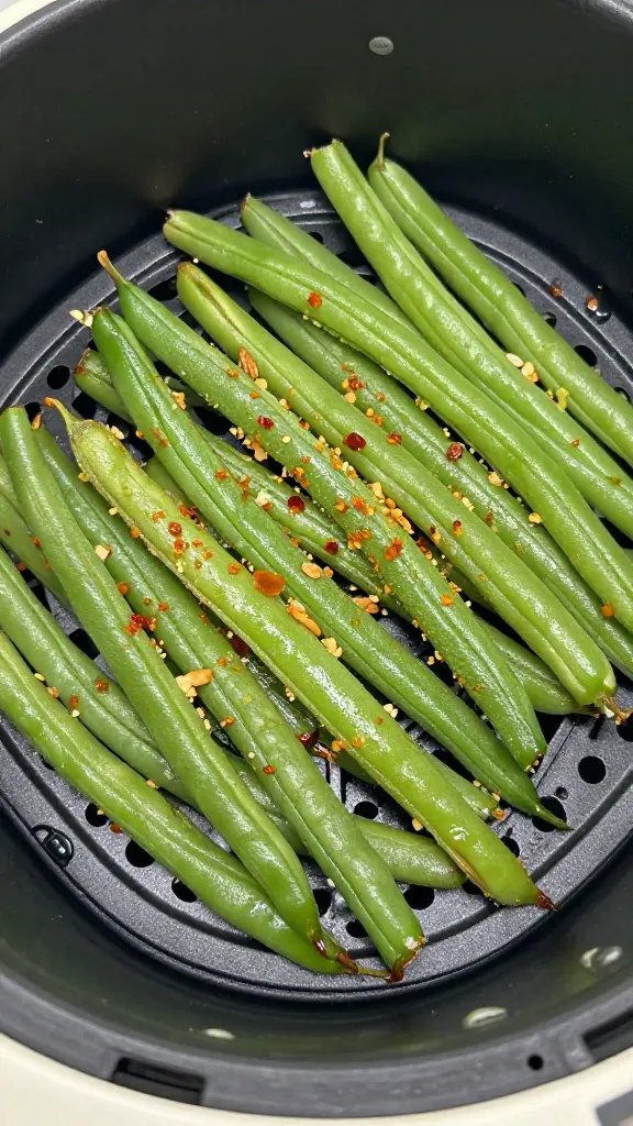 closeup of almond-crusted green beans in air fryer basket