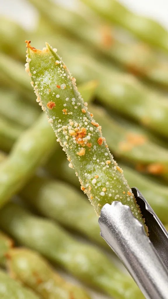 crispy almond-coated green bean held by tongs, macro shot