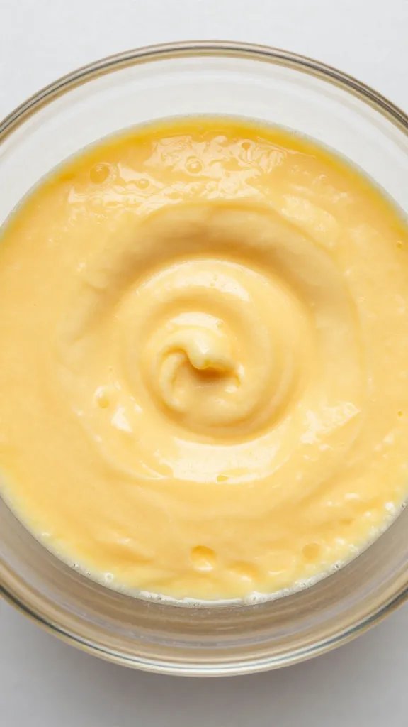 whisked egg wash in small glass bowl, overhead closeup