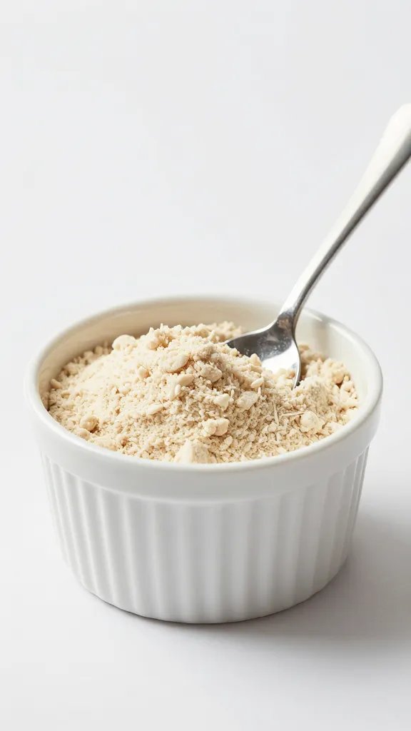 almond flour in ramekin with tiny spoon, studio lighting