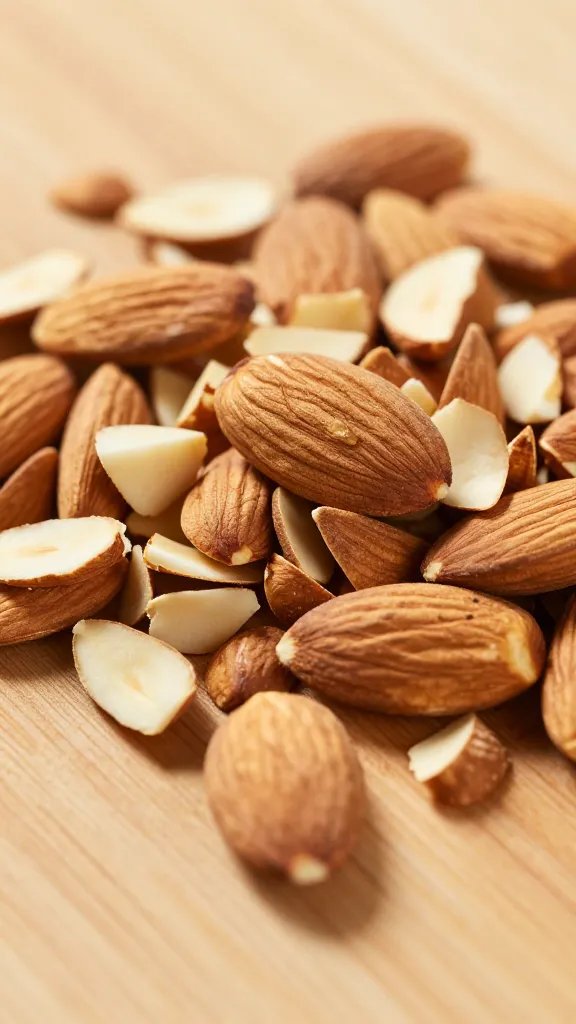 chopped almonds on cutting board, tight macro texture