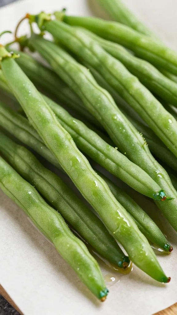 green beans tossed in oil on parchment, closeup