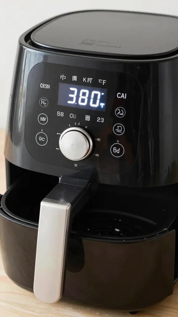 digital air fryer display set to 380°F, focused shot