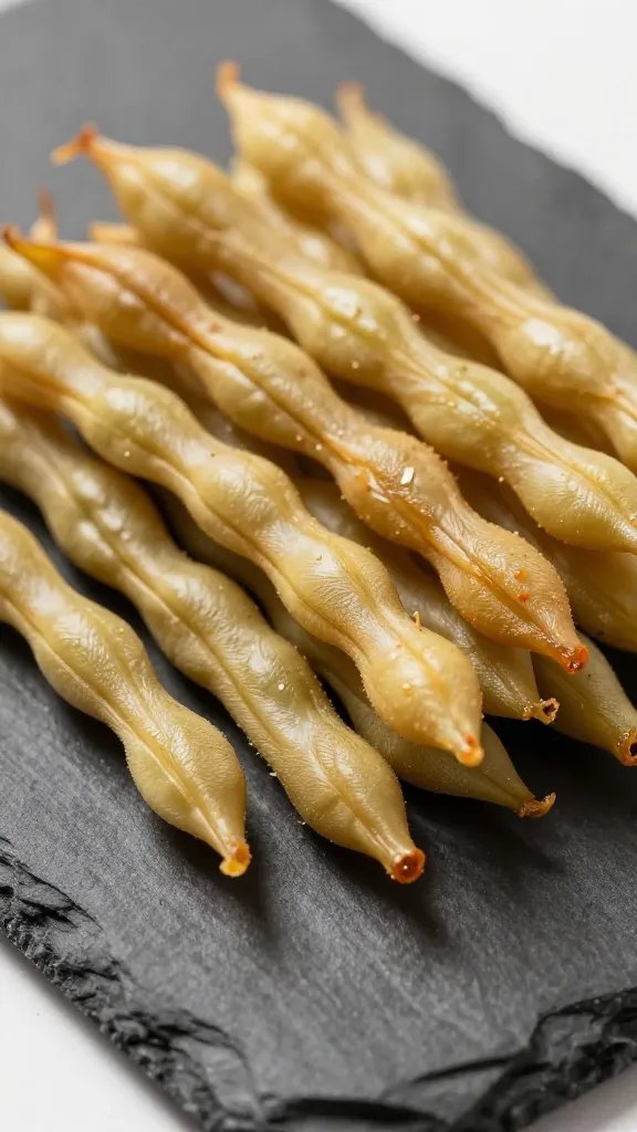 golden browned green beans on black slate plate, closeup