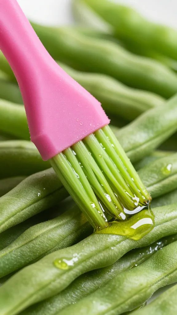 silicone brush glazing green beans with oil, macro shot