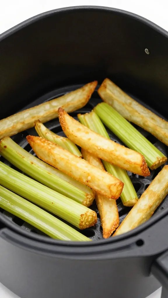 closeup of crispy celery root fries in black air fryer basket