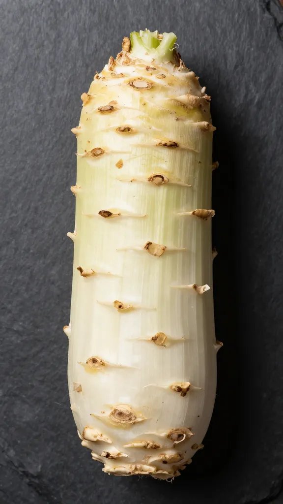 single peeled celery root on dark slate background