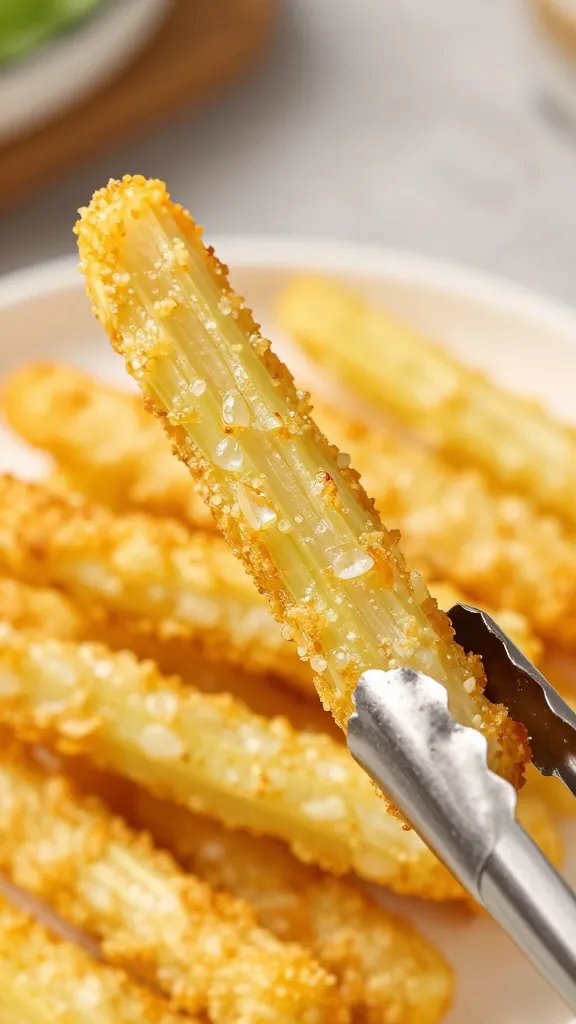 golden celery root fry held by tongs, shallow depth