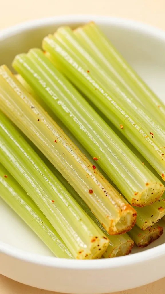 small bowl of seasoned celery root sticks, pre-air-fry closeup