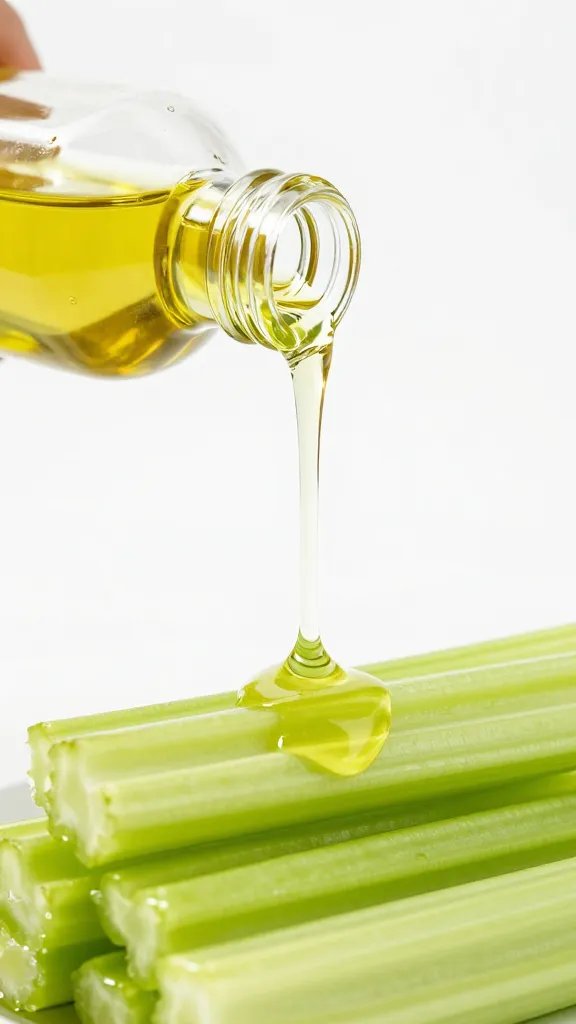 bottle of avocado oil drizzling onto celery root sticks