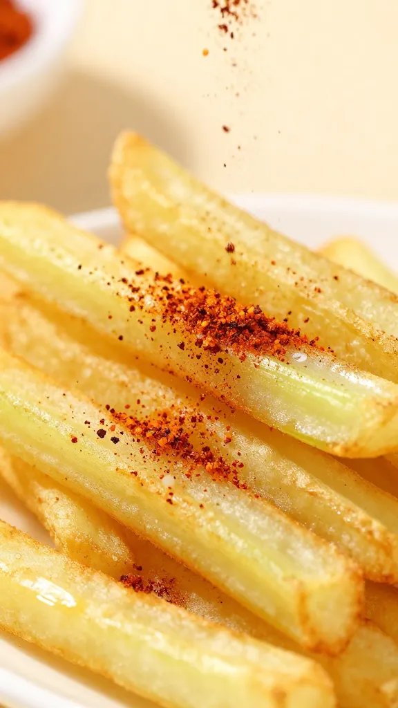 sprinkle of smoked paprika onto celery root fries closeup