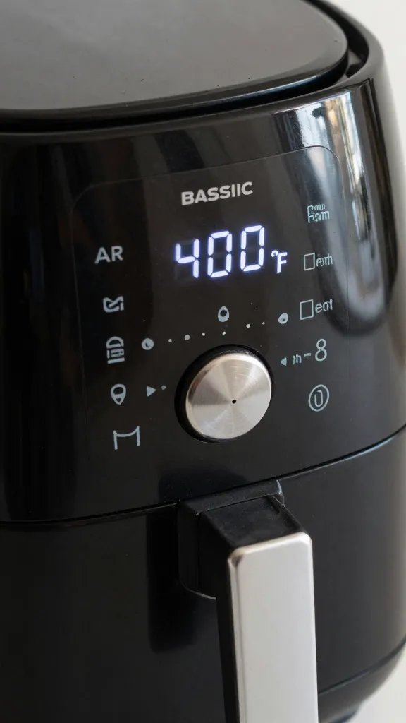 timer on basic air fryer set to 400°F, panel closeup