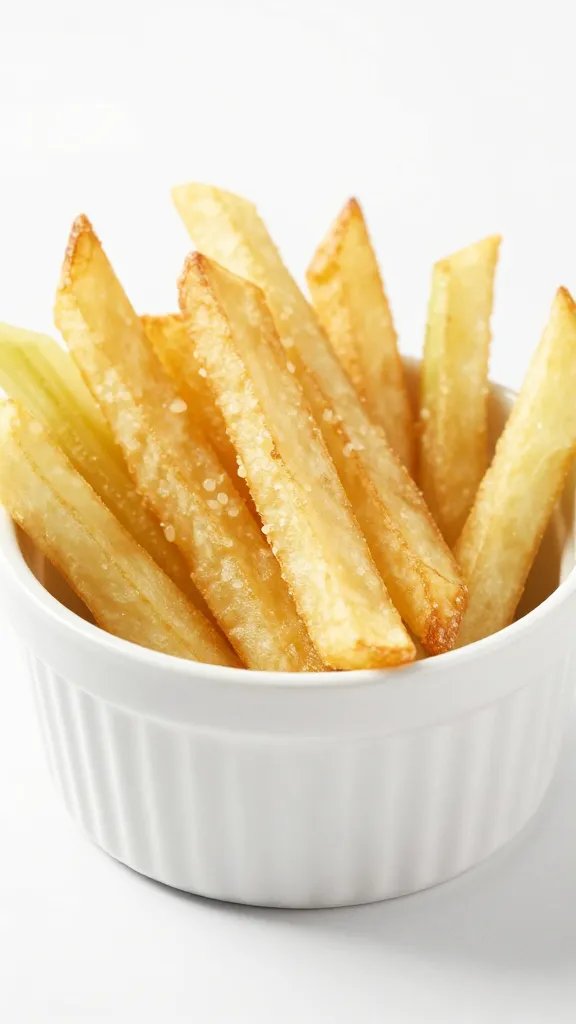 single serving of keto celery root fries in white ramekin