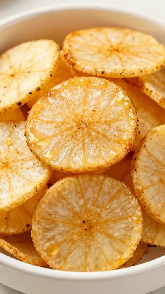 closeup bowl of air-fried smoked paprika radish chips