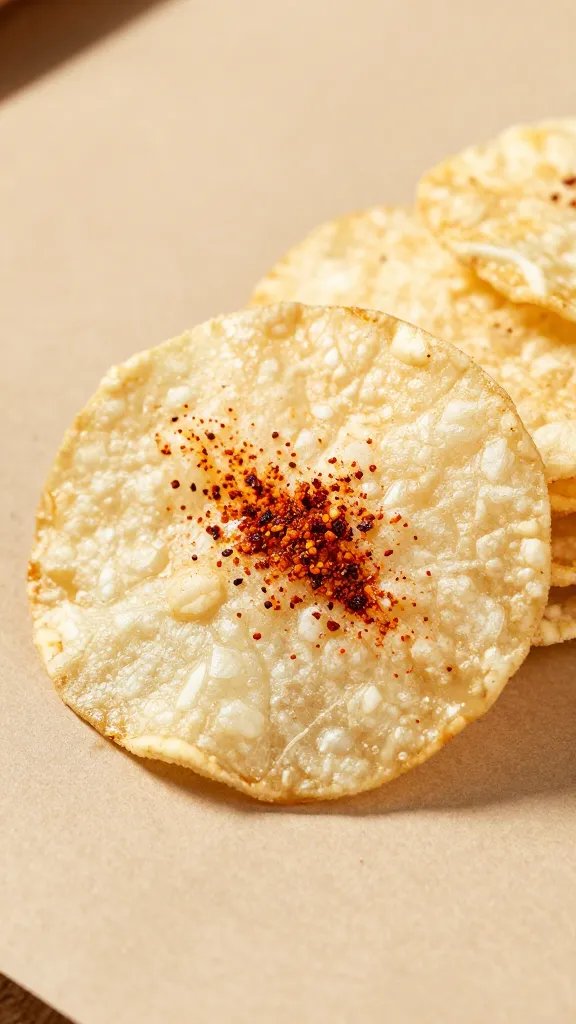 single radish chip with smoked paprika on parchment