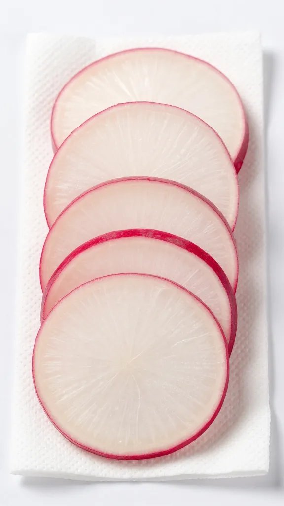thinly sliced raw radish rounds on paper towels