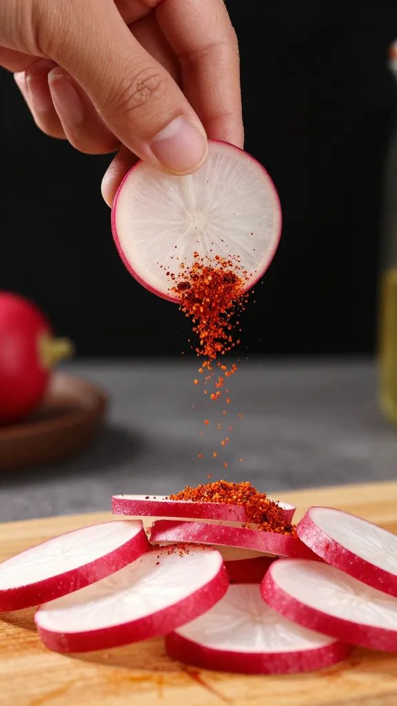 hand sprinkling smoked paprika over sliced radishes