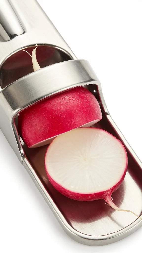 stainless mandoline slicing a red radish