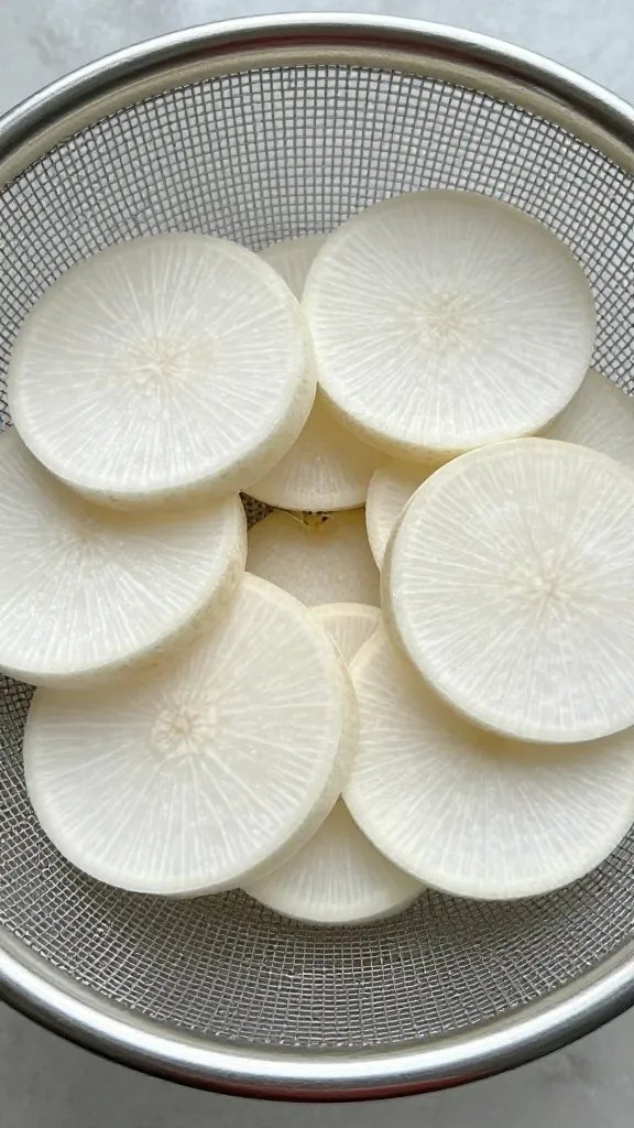 salted radish slices resting in a metal sieve