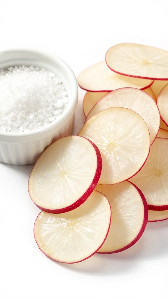 plated radish chips beside small ramekin of sea salt