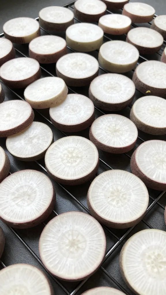 oil-brushed radish slices on wire rack drying