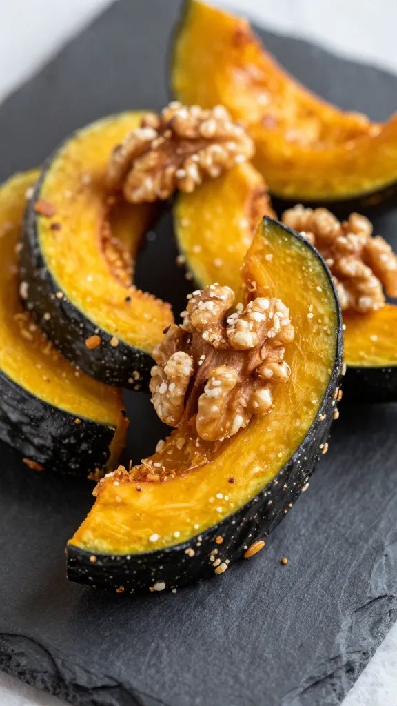 closeup of walnut-crusted air-fried pumpkin slice on slate