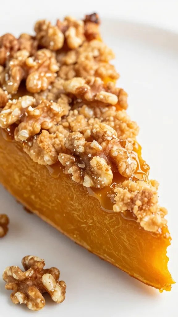 macro of sugar pie pumpkin wedge with crisp walnut crust