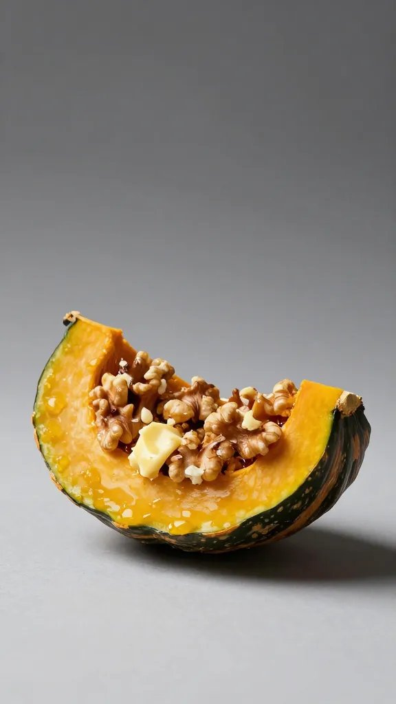 kabocha pumpkin slice with buttery walnut coating, studio lighting
