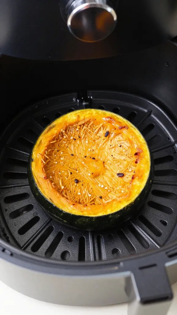 single air-fryer basket holding one crusted pumpkin slice
