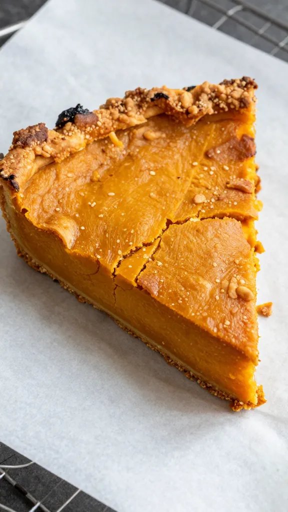 keto pumpkin slice on parchment, visible shatter-crisp crust