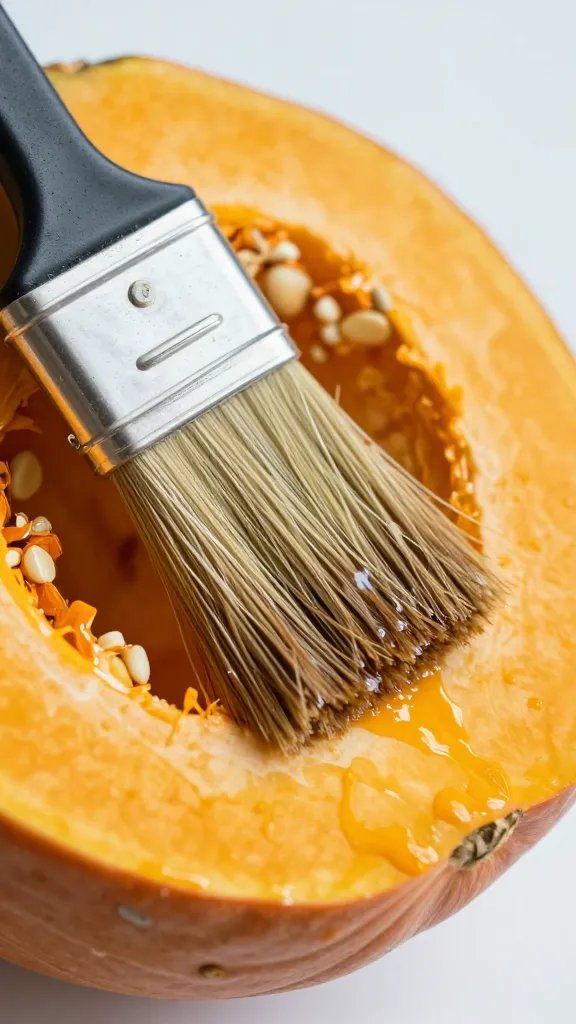 brushed oil on pumpkin slice before crusting, macro shot