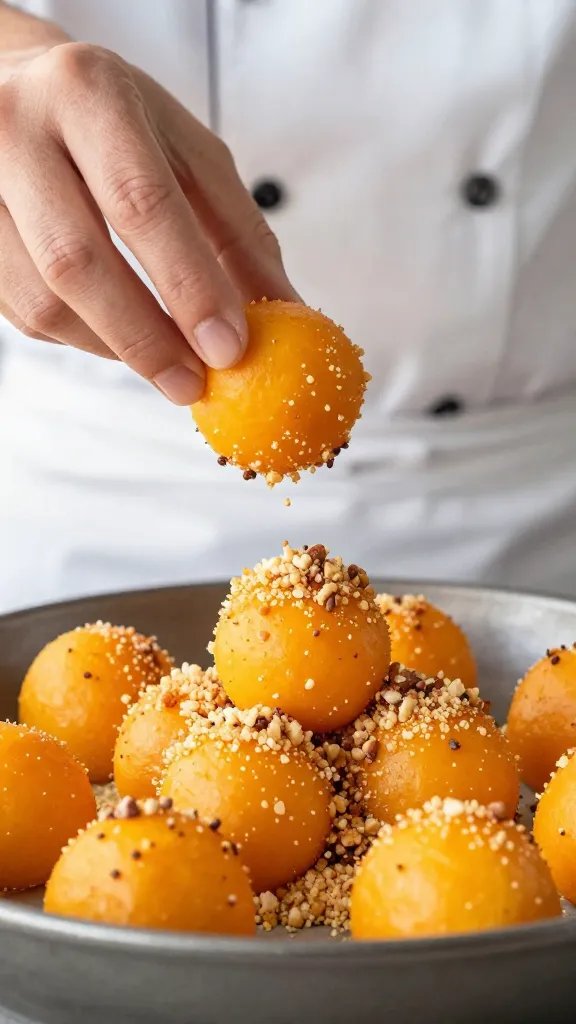 chef hand dipping butternut round into pecan crumb