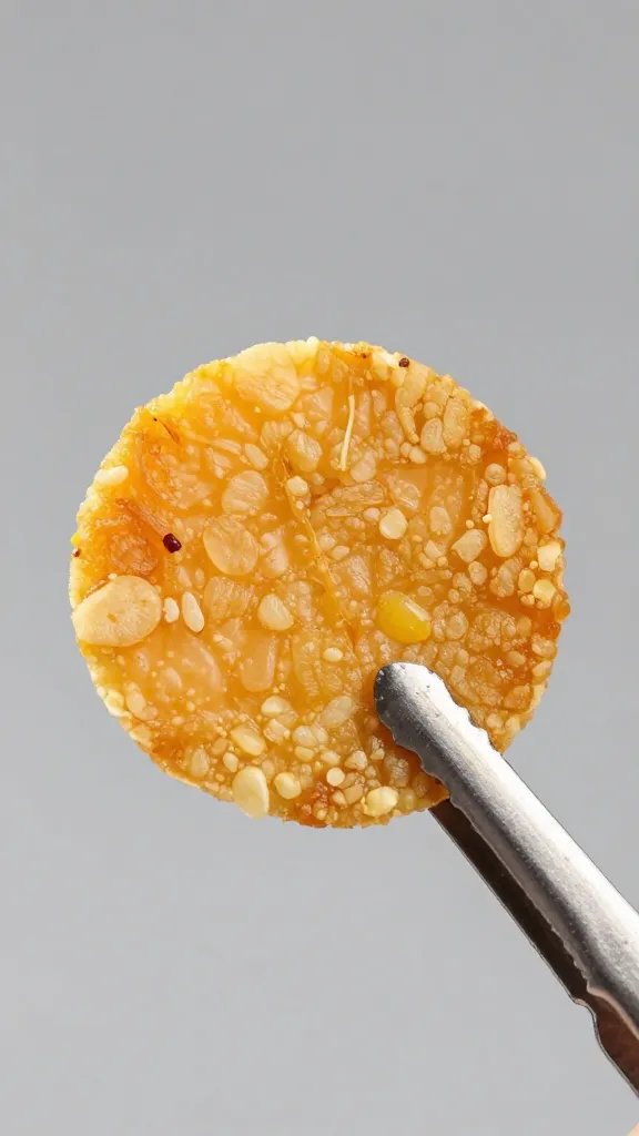 tongs holding single crispy butternut round, studio lighting