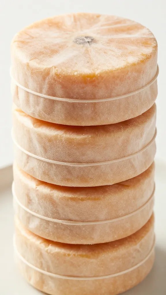 frozen parchment-wrapped butternut round stack, closeup